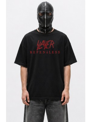Fuddy Moda Unisex Slayer Repentless Sırt Baskılı Bisiklet Yaka Tişört, Oversize Rock Band Temalı Tshirt