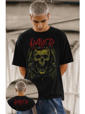 Fuddy Moda Unisex Oversize Rock Band Slayer Ense Baskılı Bisiklet Yaka Tişört