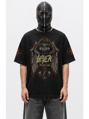 Fuddy Moda Unisex Slayer All Of Life Decays Kol Baskılı Bisiklet Yaka Tişört, Oversize Rock Band Temalı Tshirt