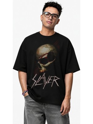 Fuddy Moda Unisex Slayer Baskılı Bisiklet Yaka Tişört, Oversize Rock Band Temalı Tshirt