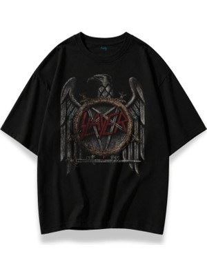 Fuddy Moda Unisex Slayer Silver Eagle Baskılı Bisiklet Yaka Tişört, Oversize Rock Band Temalı Tshirt