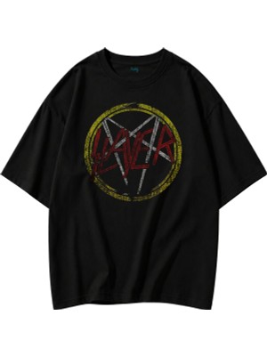 Fuddy Moda Unisex Slayer V2 Sırt Baskılı Bisiklet Yaka Tişört, Oversize Rock Band Temalı Tshirt