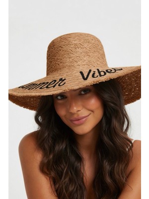 Mollycrush Luxury Kadın Kahverengi Summer Vibes Yazılı Saçaklı Hasır Güneş Şapkası –  Yazlık Plaj Fötr