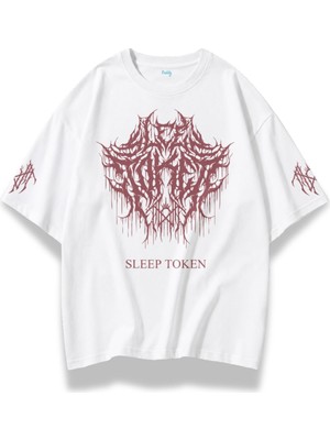 Fuddy Moda Unisex Oversize Rock Band Sleep Kol Baskılı Bisiklet Yaka Tişört