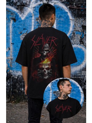 Fuddy Moda Unisex Slayer Skull Sırt Baskılı Bisiklet Yaka Tişört, Oversize Rock Band Temalı Tshirt