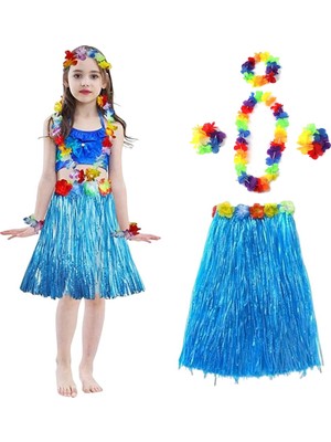 Renas Store Yetişkin ve Çocuk Uyumlu Hawaii Luau Aloha Mavi Püsküllü Etek Kolye Taç ve 2 Adet Bileklik Seti