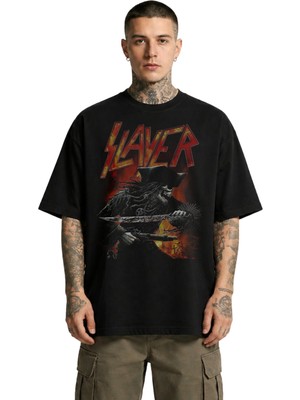Fuddy Moda Unisex Slayer Pirate Baskılı Bisiklet Yaka Tişört, Oversize Rock Band Temalı Tshirt