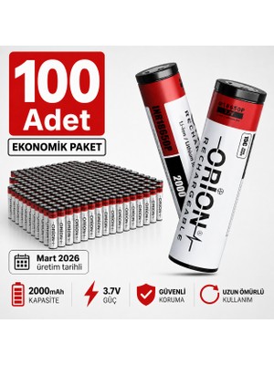 Orion 18650P 3.7V 2000MAH 15C Li-Ion Şarjlı Pil – 100 Adet Ekonomik Paket – Mart 2026 Üretim