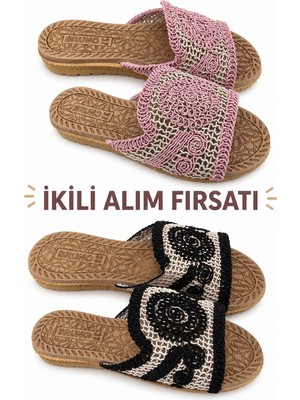papucumun dünyası Kadın Dantel Örgü Detaylı Şık Rahat Hafif Terlik