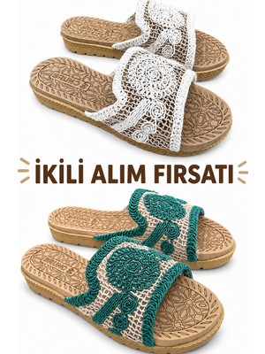 papucumun dünyası Kadın Dantel Örgü Detaylı Şık Rahat Hafif Terlik