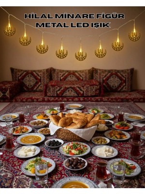 Epilons Pilli Minareli Hilal Led Işık Gold Metal Ramazan Dekorasyonu