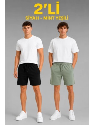 MiraLive Erkek 2li Pamuklu Şort 3 Iplik Şardonsuz Yazlık Cepli Lastikli Bağcıklı - Siyah - Mint Yeşil