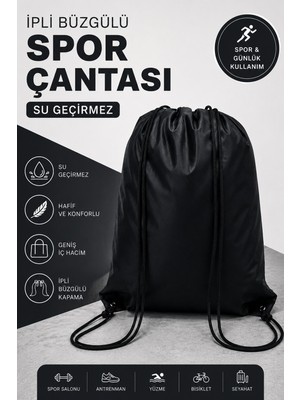 Empressco Su Geçirmez Ipli Spor Çantası, Fitness ve Gym Sırt Çantası Siyah