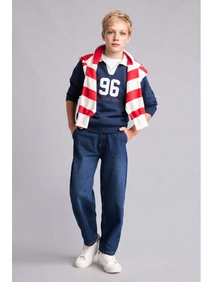 DeFacto Oversize Gömlek Yaka Kolej Baskılı Lacivert Sweatshirt Erkek Çocuk H9832A826AU
