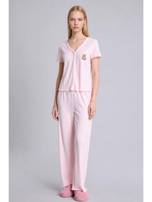 DeFacto Regular Fit Kısa Kollu Ayıcıklı 2'li Pembe Pijama Takımı H3709AX26AU