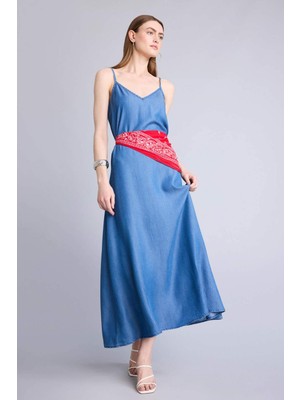 DeFacto Fashion Fit Akışkan Kumaş Açık İndigo Midi Elbise H2539AX26HS