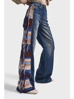 It's Basic Kadın Kot Rengi 2W5-8 Flare Palazzo Fit Etnik Örme Detaylı Viskon Kumaş Özel Tasarım Denim Jean