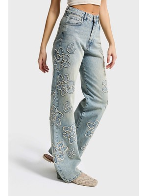 It's Basic Kadın Kot Rengi 4s6-67 Straight Fit Yüksek Bel Nakış Detaylı Özel Tasarım Denim Jean