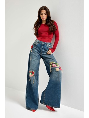 It's Basic Kadın Kot Rengi Etnik Desenli Palazzo Fit Tasarım Denim