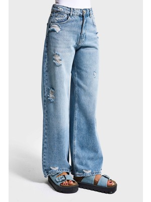 It's Basic Kadın Kot Rengi 12S6-32 Mega Baggy Fit Yırtık Detaylı Denim Jean