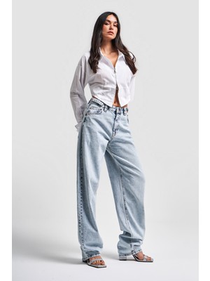 It's Basic Kadın Snow Kot Rengi Lotus Uzun Baggy Fit Denim Jean