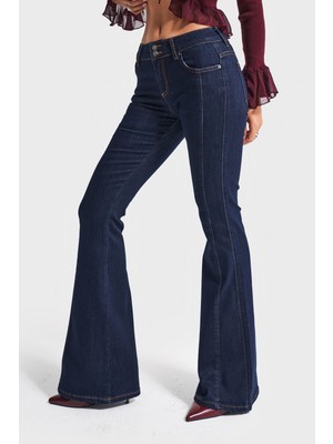 It's Basic Kadın Indigo Renk 7W5-50 Swl Midrise Flare Fit Esnek Elastan Kumaş Orta Bel Denim Jean