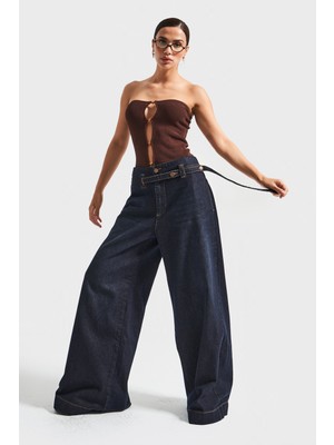 It's Basic Kadın Koyu Kot Rengi 2W5-128 Süper Palazzo Fit %100 Koton Kemer Detaylı Iç Boy 83CM Denim Jean