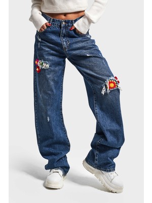 It's Basic Kadın T.kot Rengi Etnik Gül Desenli Loose Fit Tasarım Denim Jean