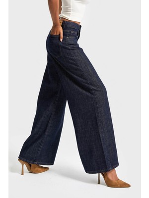 It's Basic Kadın Indigo Renk 7W5-50 Palazzo Fit %100 Koton Dökümlü Kumaş Denim Jean