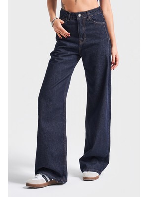 It's Basic Kadın Lacivert Su Yıkama Olea 7W4-50 Wide Leg Fit %100 Koton Denim Jean