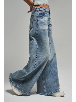 It's Basic Kadın Kot Rengi 12S5-32 Palazzo Fit Paça Püsküllü %100 Koton Orta Bel Denim Jean
