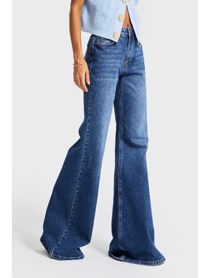 It's Basic Kadın Koyu Mavi Renk 2W5-5 Mry Flare Fit Komfort Kumaş Iç Boy 83CM Denim Jean