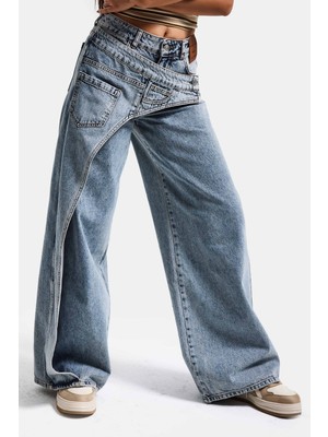 It's Basic Kadın T.kot Rengi Palazzo Fit Çift Kemer Detaylı Özel Tasarım Denim Jean