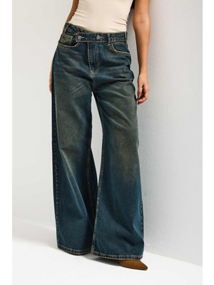 It's Basic Kadın Koyu Tint Renk Mega Baggy Fit Bol Kesim Denim Jean