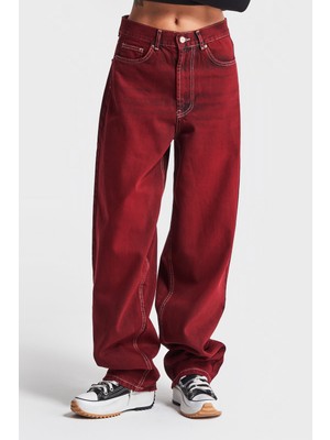 It's Basic Kadın Bordo Renk Cindy 20W4-35 Skater Fit Orta Bel %100 Koton Özel Yıkama Denim Jean