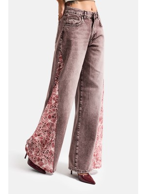 It's Basic Kadın Kot Rengi 4S6-157 Palazzo Fit Gül Dantel Detaylı Özel Tasarım Denim Jean