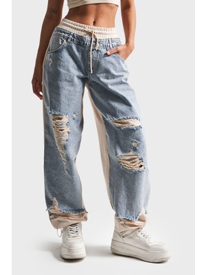 It's Basic Kadın Tint Kot Rengi Lazer Detaylı Skater Jogger Fit Denim Jean