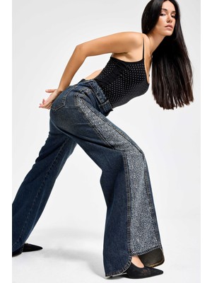 It's Basic Kadın T.kot Rengi 2W49 Parlak Taş Detaylı Wide Leg Fit Tasarım Denim Jean