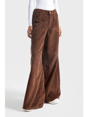 It's Basic Kadın Taba Renk Hera Kalın Fitilli Kadife Kumaş Palazzo Fit Pantolon