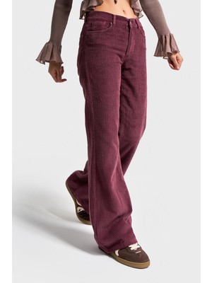 It's Basic Kadın Mürdüm Renk 29W5-52 Midrise Flare Fit Kalın Fitilli Velvet Kumaş Kadife Pantolon