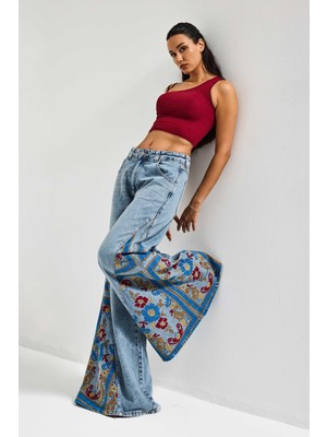 It's Basic Kadın Kot Rengi 4s6-32 Palazzo Fit Özel Desen Nakışlı Tasarım Denim Jean