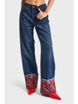It's Basic Kadın Koyu Kot Rengi 2W5-10 Straight Fit %100 Koton Paça Kırmızı Nakış Desenli Özel Tasarım Denim Jean