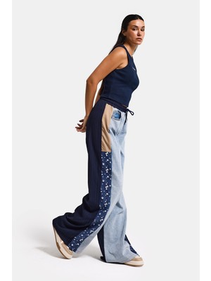It's Basic Kadın Kot Rengi Kumaş Denim Parçalı Bol Kesim Tasarım Denim Pantolon