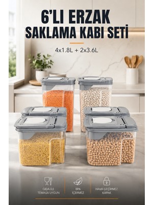 Vienev 6'lı Erzak Saklama Kabı Seti 4x1.8l + 2x3.6l Şeffaf Gri Kapaklı Bakliyat Düzenleyici Organizer