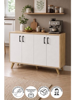 Bofigo 4 Kapaklı 4 Raflı Çok Amaçlı Dolap Mutfak Dolabı Erzak Dolabı Kiler Dolabı Gamze Safir Meşe Beyaz