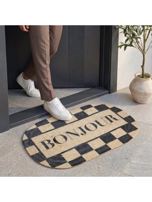 Cool Halı Passy Bonjour Yazılı Kapı Önü Paspası Dama Desen Jüt Görünümlü Çift Taraflı Giriş Paspası