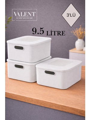 Valent Nero 9.5 Lt 3'lü Çok Amaçlı Kapaklı Organizer Kutu Makyaj Banyo Mutfak Oyuncak Düzenleyici