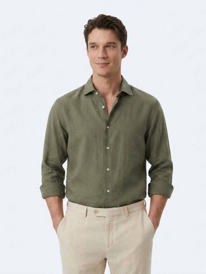 Kip Haki Regular Fit Uzun Dokuma Casual Pamuk Karışımlı Gömlek