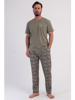 Vienetta Erkek Büyük Beden Kısa Kollu V Yaka Haki Pijama Takımı C5T7N0106