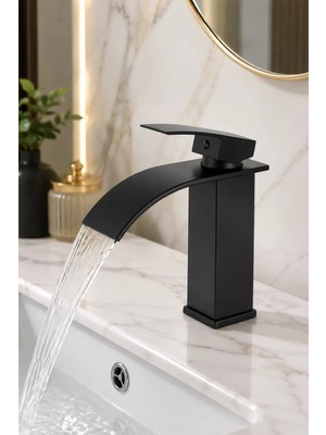 Kustar Siyah Şelale Lavabo Bataryası | Mat Siyah Kare Banyo Lavabo Musluğu | Paslanmaz Gövde | Tek Kollu Sıcak Soğuk Batarya